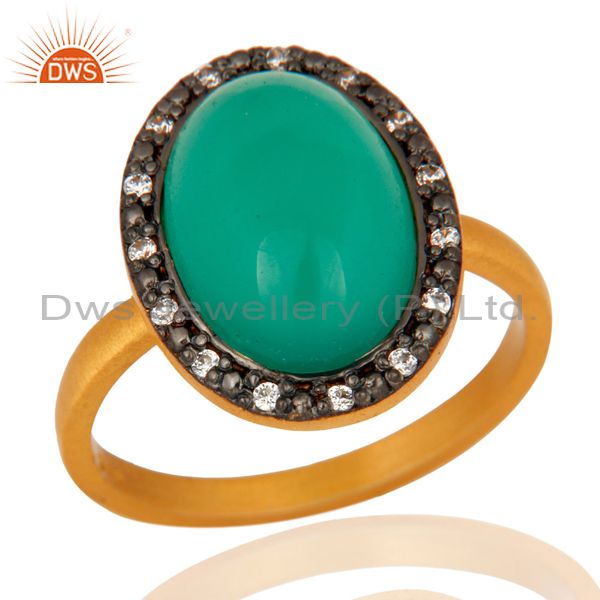 18K Yellow Gold Plated Natural Green Onyx Gemstone Sterling Silver Ring With CZ