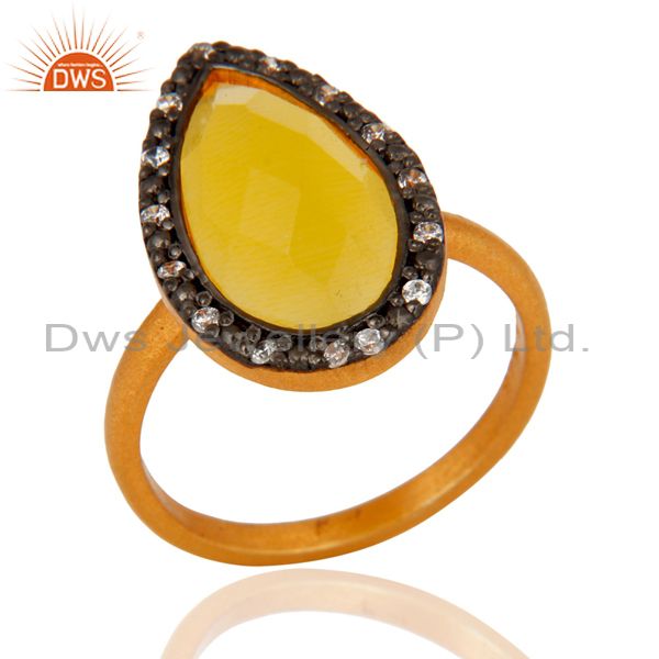 14k Gold Plated Yellow Moonstone 925 Sterling Silver Gemstone Ring With Pave CZ