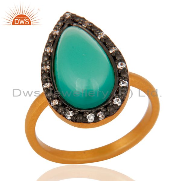 Green Onyx Cabochon Gemstone 925 Sterling Silver Gold Plated Ring With Zircon