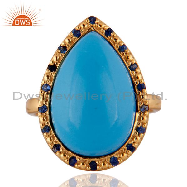 18k Gold Plated Turquoise Gemstone Blue Sapphire Sterling Silver Ring SZ 7