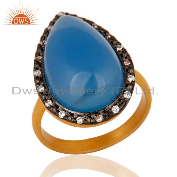 Handmade Aqua Blue Chalcedony Gemstone Gold Plated Sterling Silver Ring With CZ