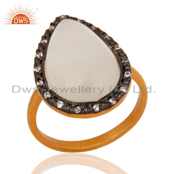 Designer White Moonstone 22K Gold Plated Sterling Silver Handmade Ring With CZ