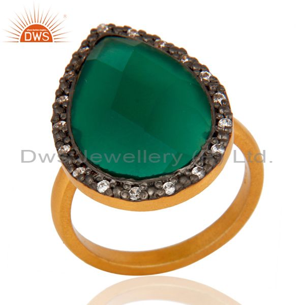 Designer Sterling Silver Faceted Green Onyx Gemstone Gold Plated Fashion Ring