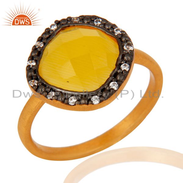 18K Gold Plated Sterling Silver Yellow Moonstone Gemstone & White Zircon Ring
