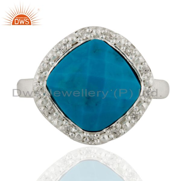 925 Sterling Silver White Zircon & Turquoise Semi Precious Stone Ring