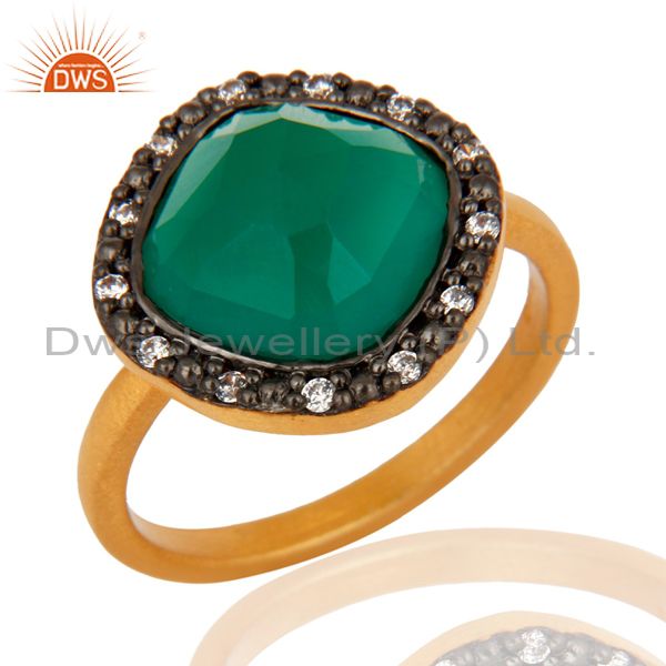 Green Onyx Gemstone 22K Yellow Gold Plated 925 Sterling Silver Ring With CZ