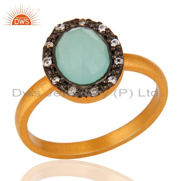 18K Yellow Gold Plated 925 Sterling Silver Blue Aqua Glass & White Zircon Ring