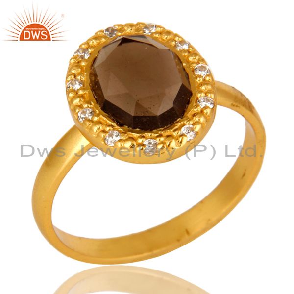 18K Gold Plated Sterling Silver Smoky Quartz And CZ Statement Ring