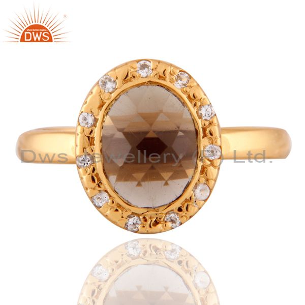 Stunning 18K Gold Plated Sterling Silver Smoky Quartz Cocktail Ring With CZ