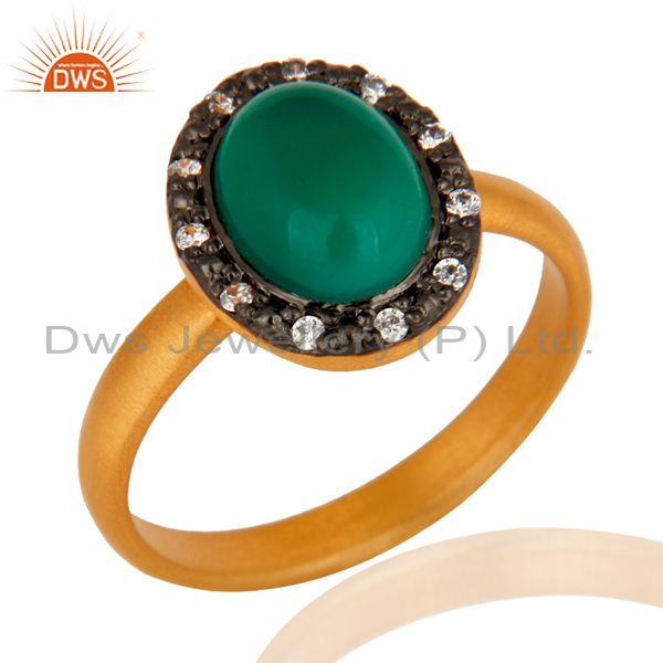18K Yellow Gold Plated 925 Sterling Silver Green Onyx Gemstone Ring With CZ