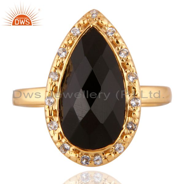 18k Gold Plated Black Onyx and Cubic Zirconia Sterling Silver Ring Size 6