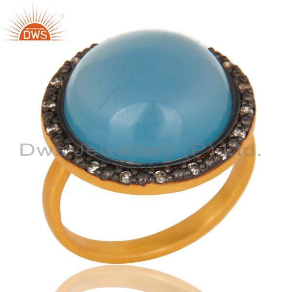 18K Yellow Gold Plated Sterling Silver Blue Chalcedony Cocktail Ring With CZ