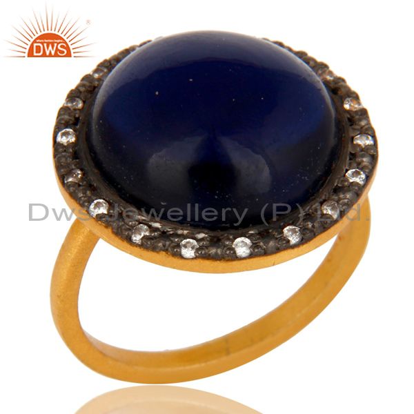 18K Yellow Gold Plated Sterling Silver Blue Corundum Cocktail Ring With CZ
