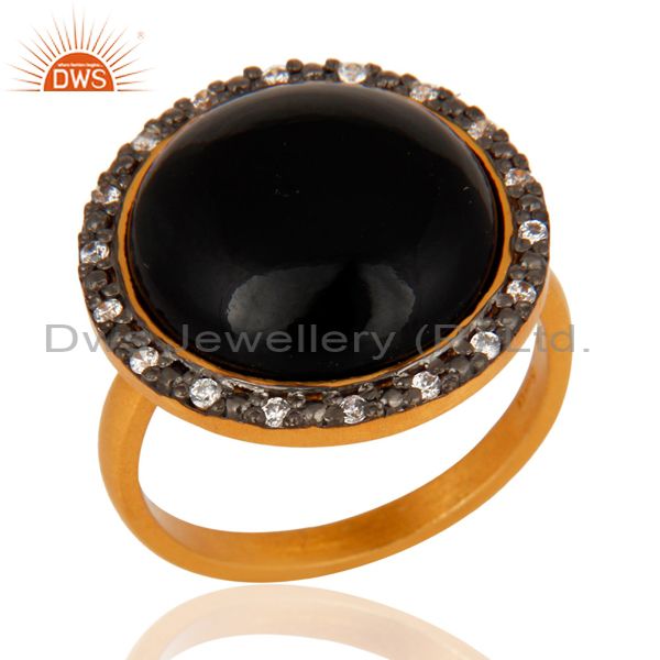 24K Gold Plated Sterling Silver Black Onyx Gemstone Handmade Designer Ring W/ CZ