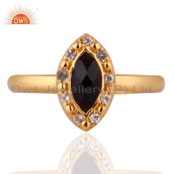 White Topaz Gemstone Onyx 925 Sterling Silver Yellow Gold Plated Stackable Ring