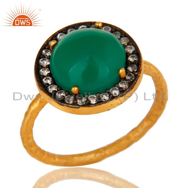 18K Yellow Gold Plated Sterling Silver Green Onyx And CZ Hammered Band Ring