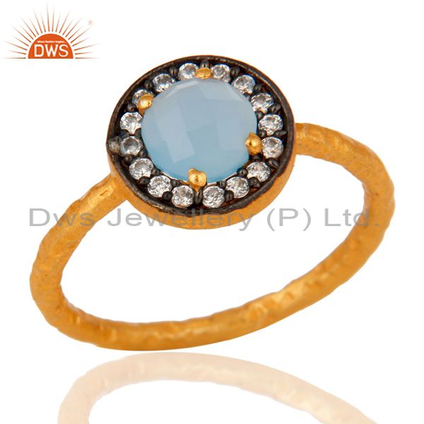 Gold Plated 925 Sterling Silver Blue Chalcedony Gemstone Stacking Ring With CZ