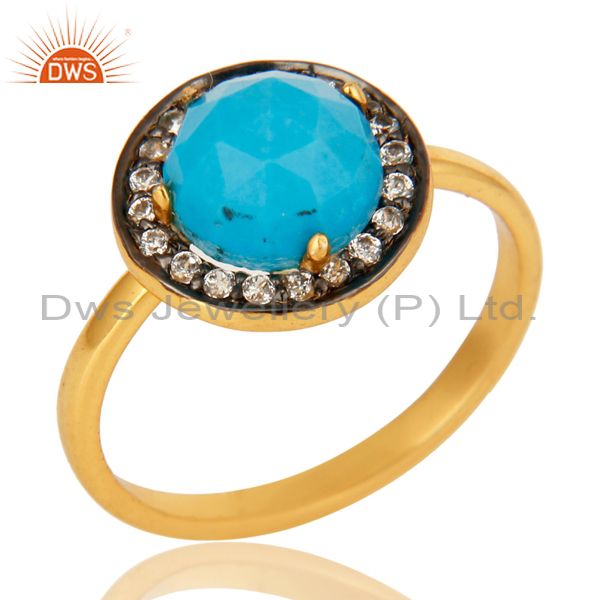Shiny 18K Yellow Gold Plated Sterling Silver Turquoise And CZ Stackable Ring