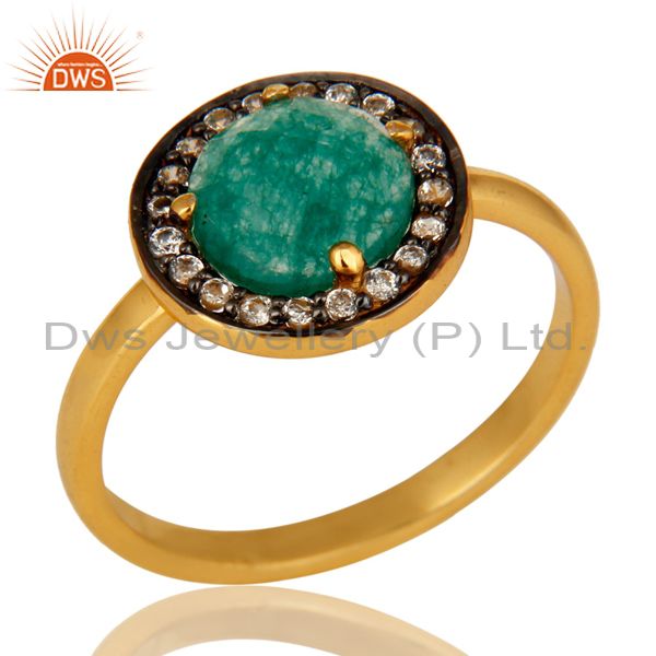 Green Aventurine And CZ Stunning 14K Yellow Gold Plated Sterling Silver Ring