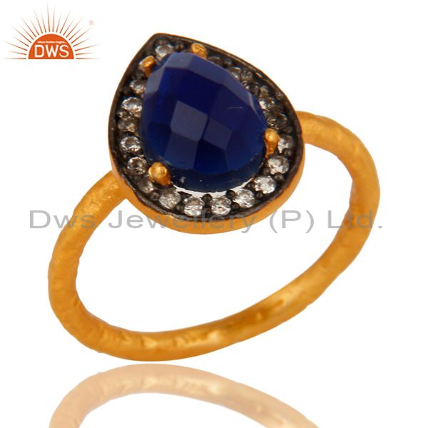 18K Yellow Gold Plated Sterling Silver Blue Corundum And CZ Hammered Band Ring