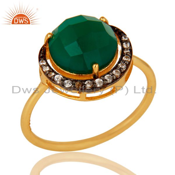 18K Gold Plated Sterling Silver Faceted Green Onyx And CZ Stack Ring