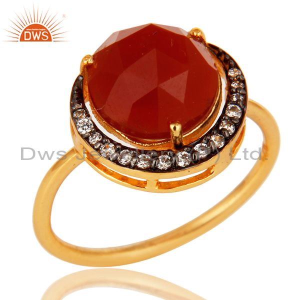 Shiny 14K Yellow Gold Plated Sterling Silver Red Onyx Stack Ring With CZ
