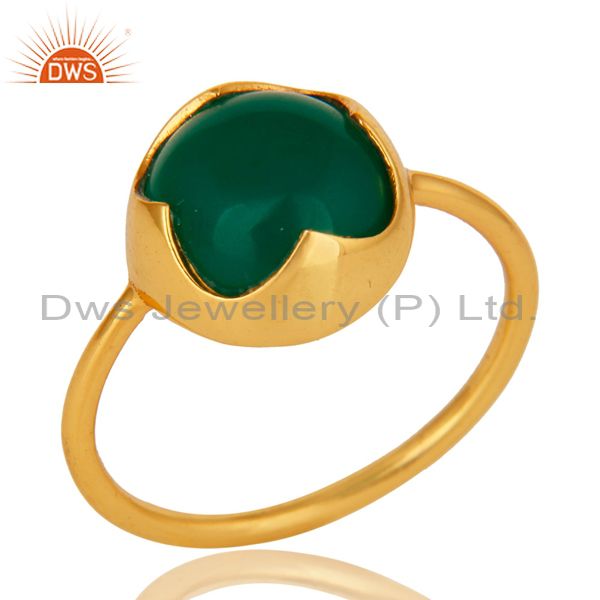 Natural Green Onyx Gemstone Sterling Silver Stackable Ring With Gold Plated