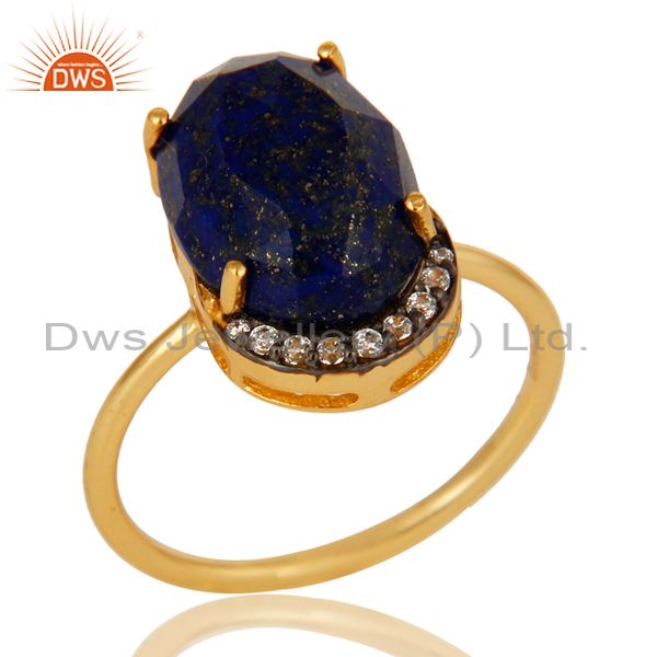 Natural Lapis Lazuli Gemstone Sterling Silver Ring With Yellow Gold Plated