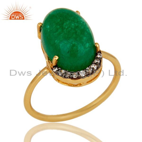 14K Gold Plated Sterling Silver Green Aventurine Party Wear Fashion Ring With CZ