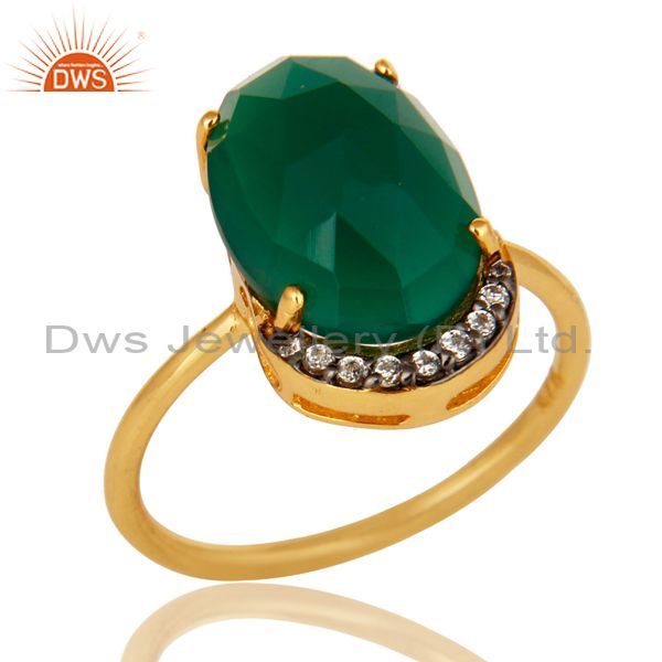 14K Yellow Gold Plated Sterling Silver Prong Set Green Oynx Ring With CZ