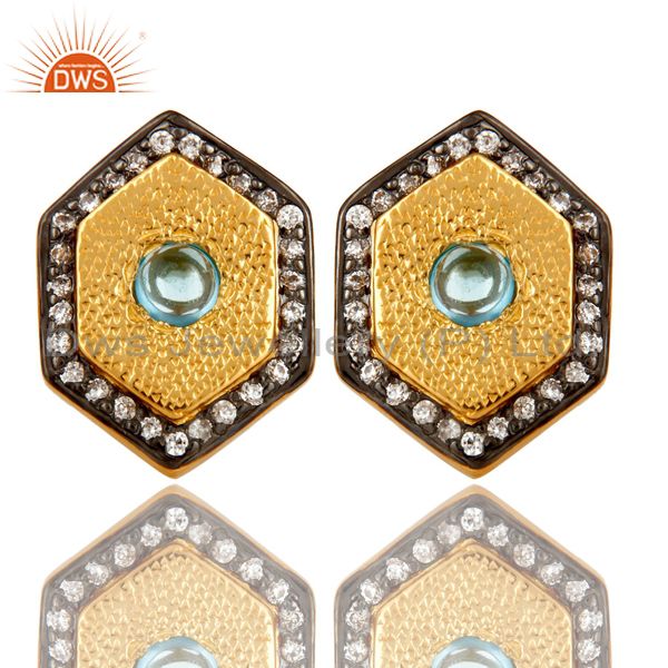 14K Yellow Gold Plated Sterling Silver Blue Topaz And CZ Womens Stud Earrings