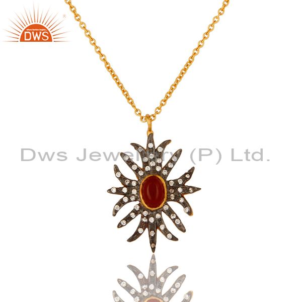 18K Yellow Gold Plated CZ And Red Onyx Gemstone Pendant With 16" In Chain