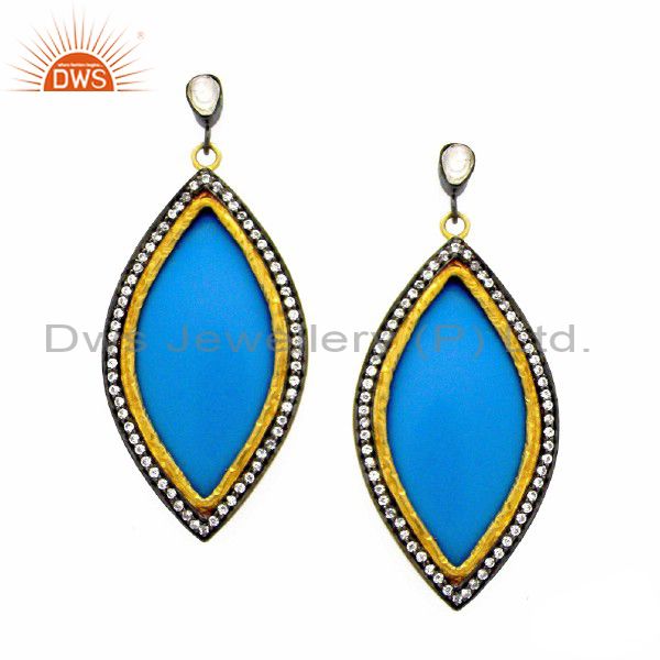 22K Yellow Gold Plated Brass Blue Bakelite And Cubic Zirconia Dangle Earrings