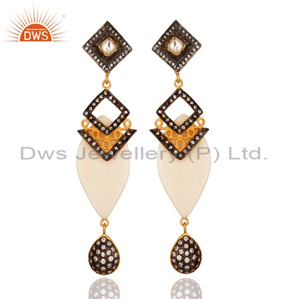 Gold Plated Crystal Cubic Zirconia Polki Victorian Estate Style Dangle Earrings