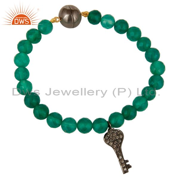 14K Gold Pave Diamond Key Charms Faceted Green Onyx Beads Bracelet Jewelry
