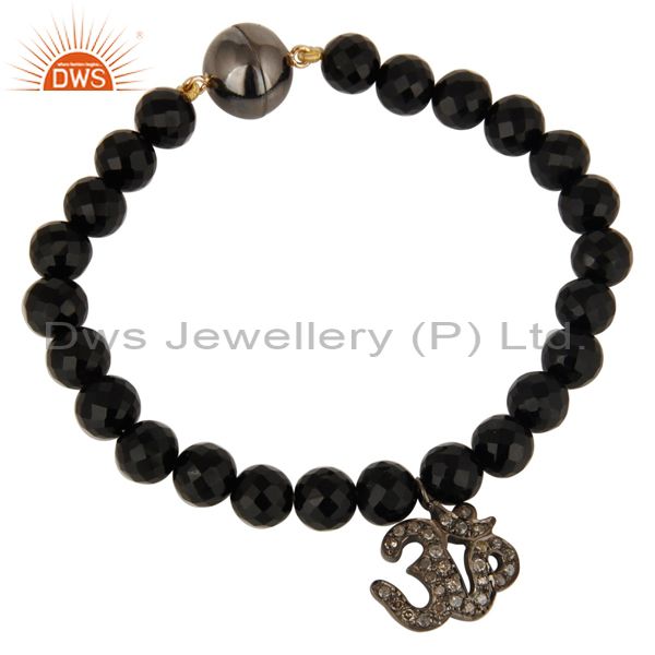 925 Silver Pave Set Diamond Om Charms Black Onyx Bracelet With Magnetic Lock
