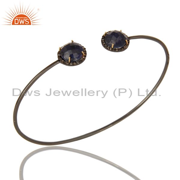 Pave Set Diamond Natural Blue Sapphire Adjustable Bangle In 14K Gold And Silver