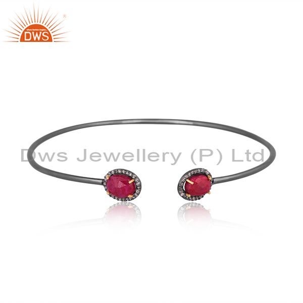 Solid 14K Gold And Silver Dyed Ruby And Pave Set Diamond Adjustable Bangle
