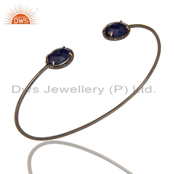 Solid 14K Gold And Silver Blue Sapphire Pave Set Diamond Open Bangle Bracelet