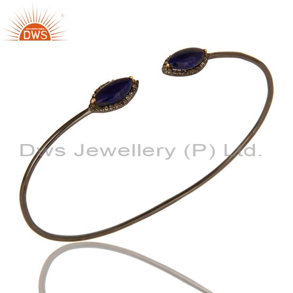 14K Yellow Gold And Sterling Silver Blue Sapphire Pave Diamond Openable Bangle