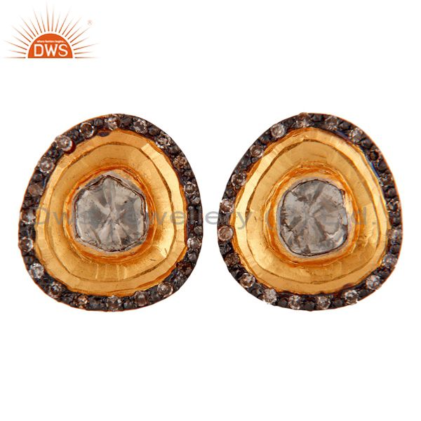 18k Yellow Gold Antique / Rose Cut Diamond Stud Earrings Sterling Silver Jewelry