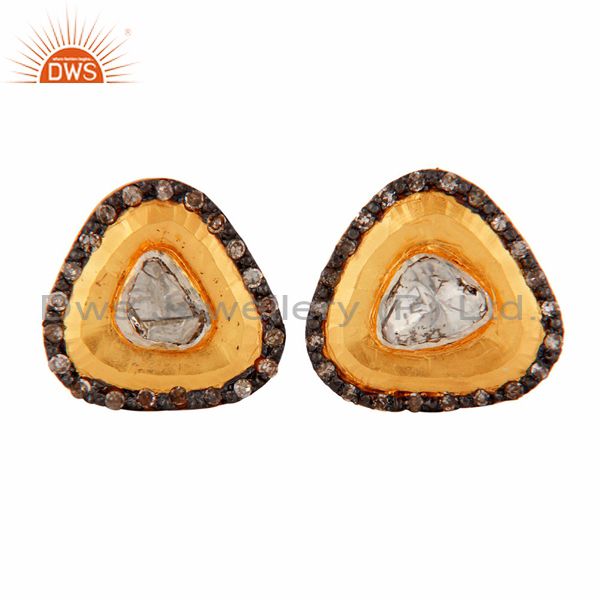 18k Yellow Solid Gold Sterling Silver Antique Cut Diamond Ladies Stud Earrings