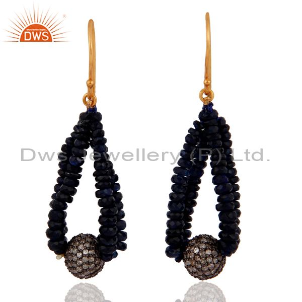 18k Solid Gold Blue Sapphire Gemstone Earrings Pave Diamond 925 Sterling Silver