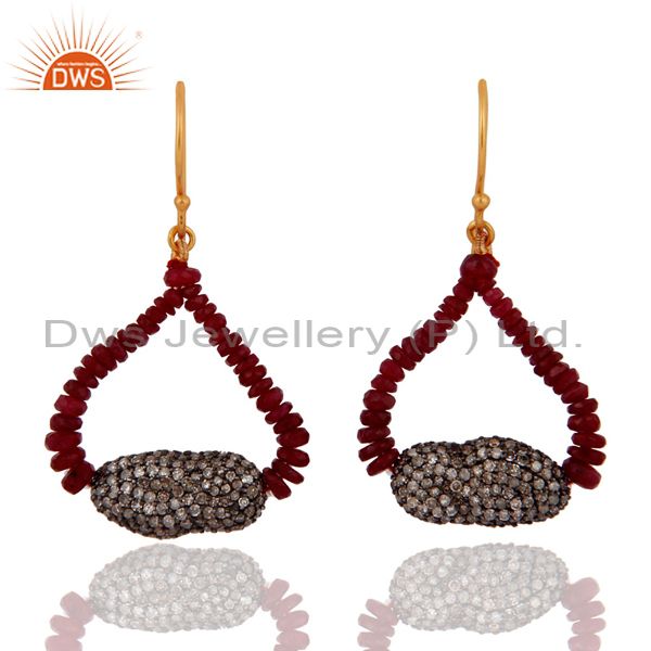 18K Solid Yellow Gold Genuine Pave Diamonds Ruby Beads Sterling Silver Earrings