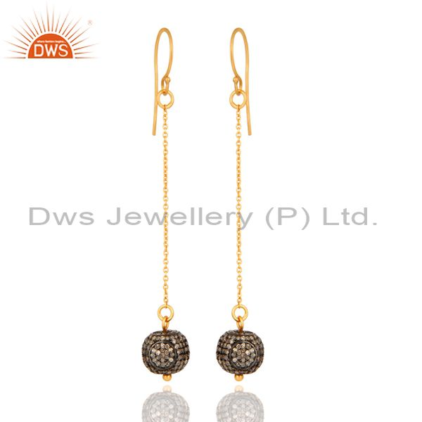 14K Yellow Solid Gold Pave Set Diamond Silver Bead Chain Dangle Hook Earrings