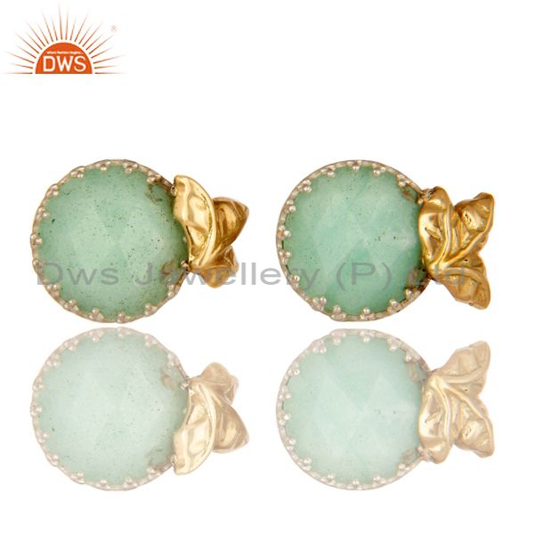 Handmade 18k Solid Yellow Gold Chrysoprase Faceted Gemstone Stud Earrings