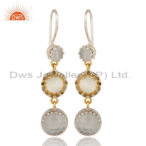 18K Gold And Sterling Silver Pave Diamond White Moonstone Dangle Earrings