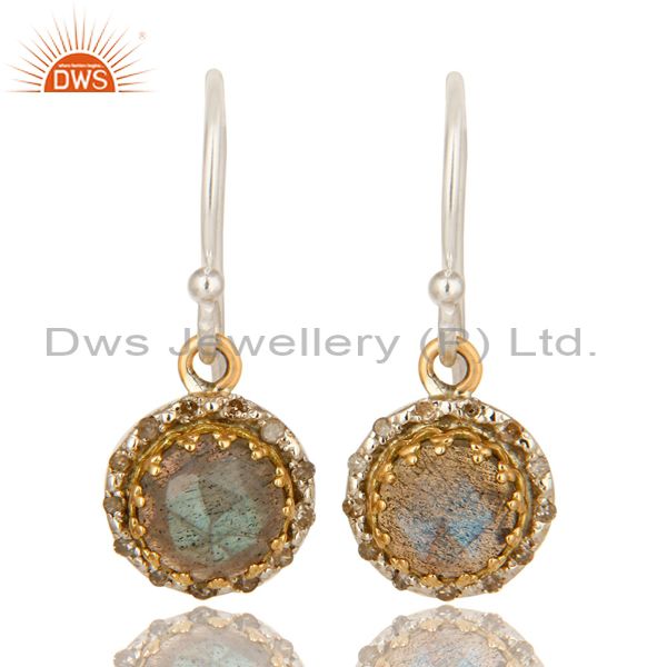 18K Gold And Sterling Silver Pave Diamond Labradorite Gemstone Dangle Earrings