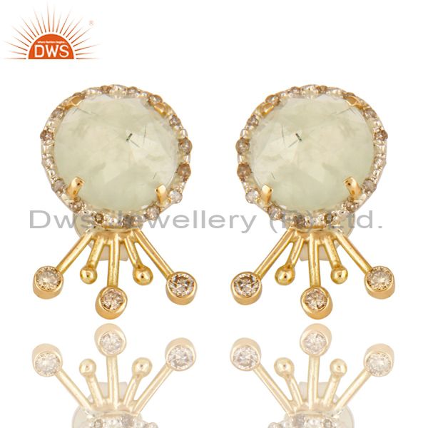 18K Solid Yellow Gold Prehnite Gemstone Pave Diamond Stud Earrings
