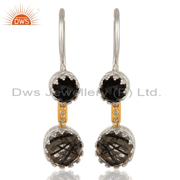 18K Gold And Sterling Silver Tourmalinated Quartz and Black Onyx Dangle Earrings